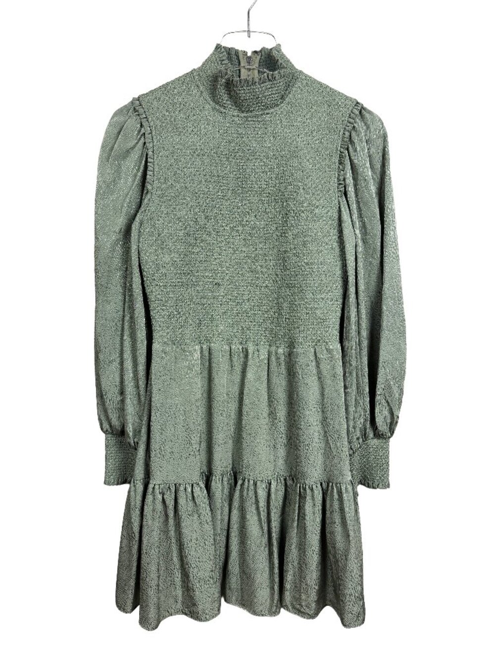 Alice + Olivia Elvira Smocked High Neck Long Sleeve Mini Dress Size 6 Green
